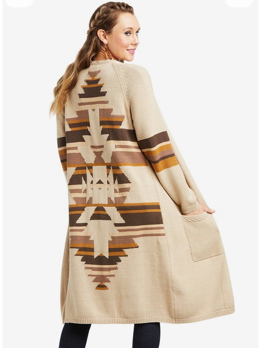 Ariat Beige Aztec-Back Long Pocket Cardigan with Brown & Mustard Accents